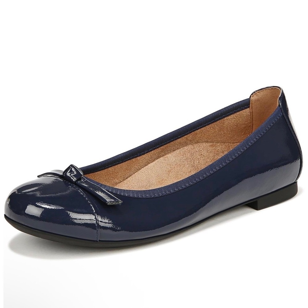 Vionic Amorie Navy Crinkle Patent Leather Ballet Flats Bow Round Toe Womens 8 W